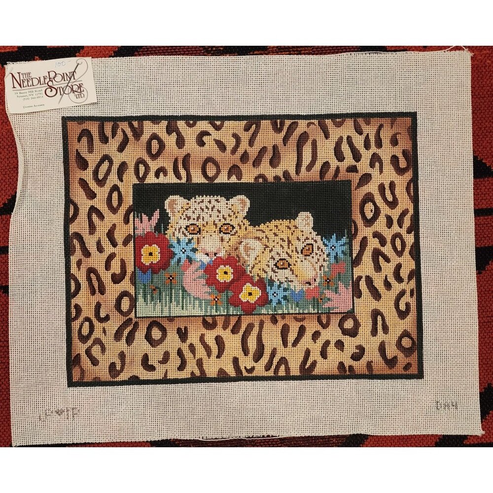 Leopard Cub Needlepoint Canvas With Floral Detail 10” X 14” Hand Painted By Need